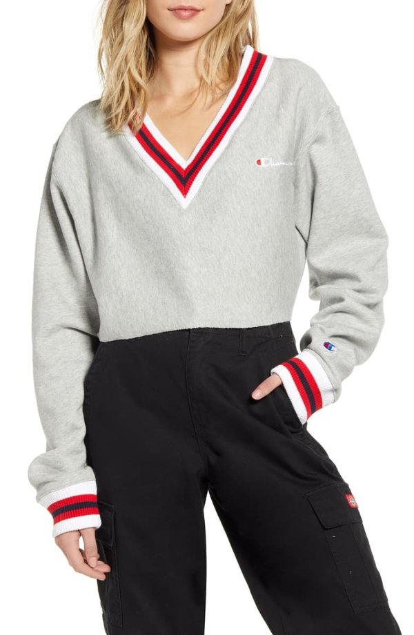 Yarn Dye Stripe Trim Reverse Weave® Crop Sweatshirt