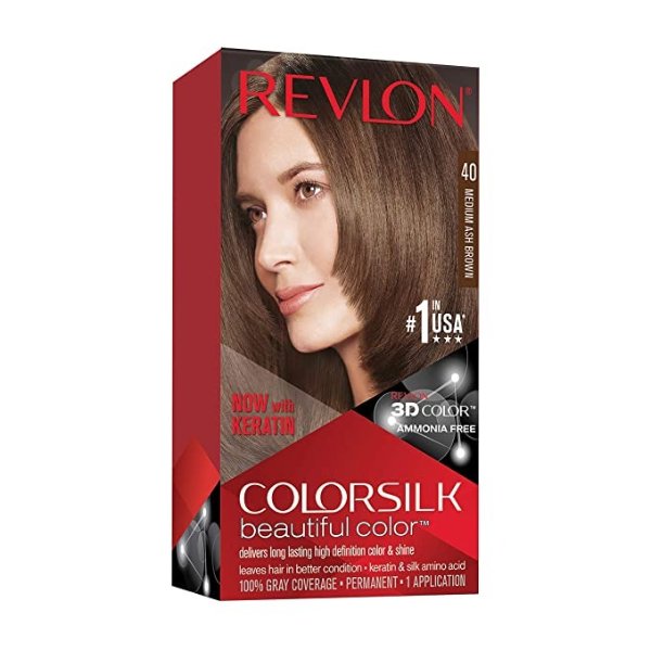 Colorsilk Beautiful Color, Permanent Hair Dye with Keratin, 100% Gray Coverage, Ammonia Free, 40 Medium Ash Brown