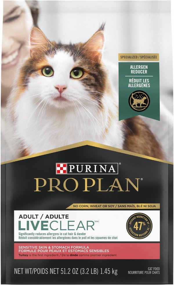 Pro Plan LiveClear Sensitive Skin & Stomach Turkey & Oatmeal Formula Dry Cat Food , 3.2-lb bag - Chewy.com