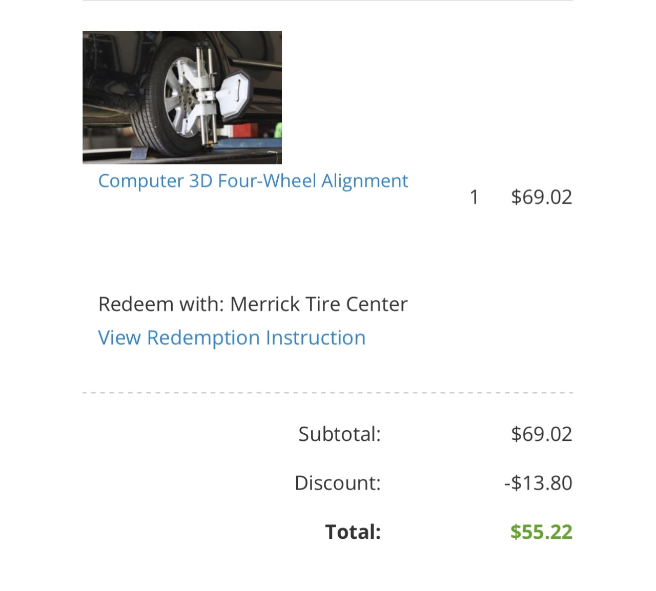 打半折的 Merrick Tire Center 四轮定位服务 原价 119 现价 55