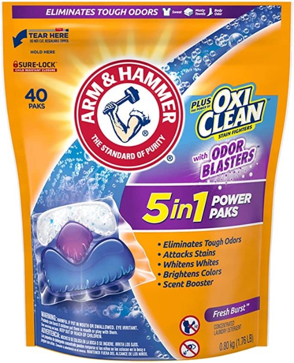 Plus OxiClean With Odor Blasters UNIT DOSE LAUNDRY DETERGENT 5-IN-1 Power Paks, 40CT (Packaging may vary)