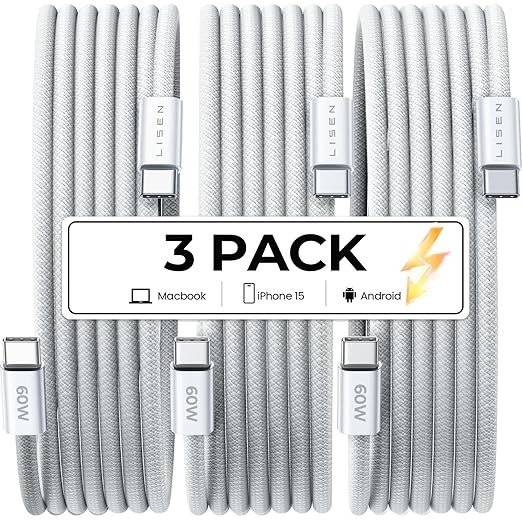 LISEN USB C Cable to USB C for Safe Certified 60W 3-Pack 6.6ft USBC to USBC Cable Type C Fast Charging Charger Cable Cord for iPhone 15 Pro Max Plus Samsung S23 S24 Ultra iPad Pro Air Mini MacBook Air