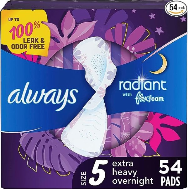 Radiant Feminine Pads for Women, Size 5 (Pack of 3), Extra Heavy Overnight, with Wings, Scented, 18 Count, (54 Count Total)