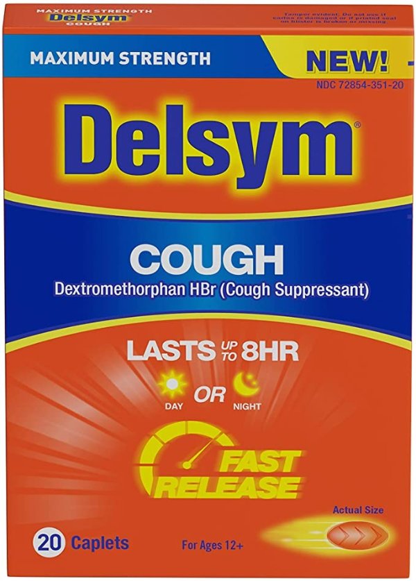 Maximum Strength Delsym Cough Suppressant, Fast Release Caplets, lasts up to 8 hour day or night, 20 count
