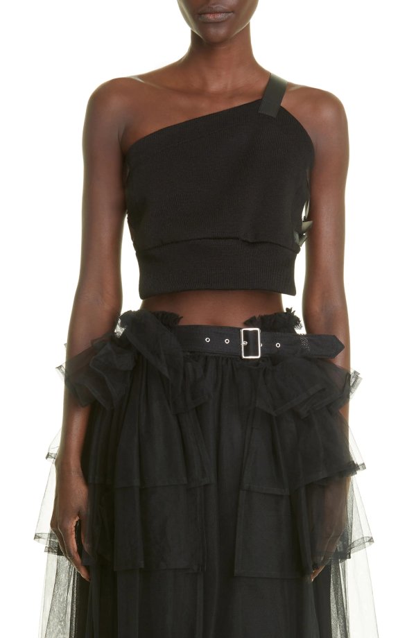 One-Shoulder Leather Harness Crop Top