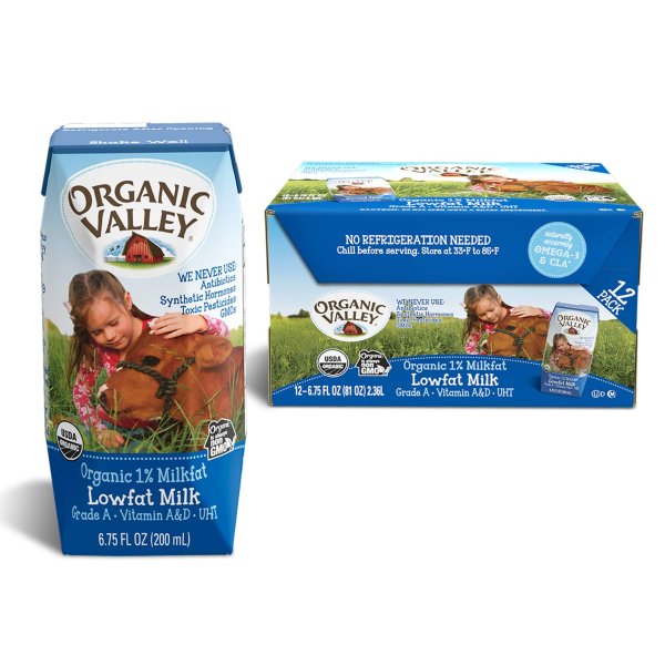 Organic Valley, Milk Boxes, Shelf Stable 1% Milk, Healthy Snacks, 6.75oz (Pack of 12)