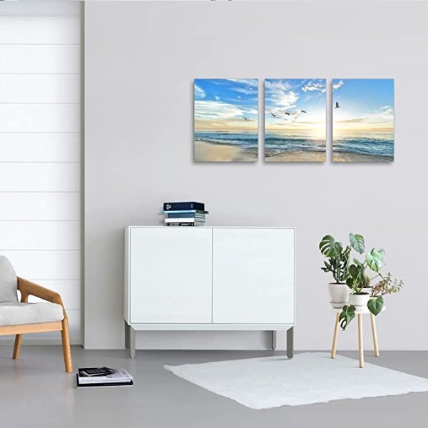 Beach Artwork Wall Decor Ocean Pictures Wall Art Canvas Artwork for Home Walls Framed Art Work Printed Matter with Wooden Frame Ready to Hang 12x16Inchesx3Pcs