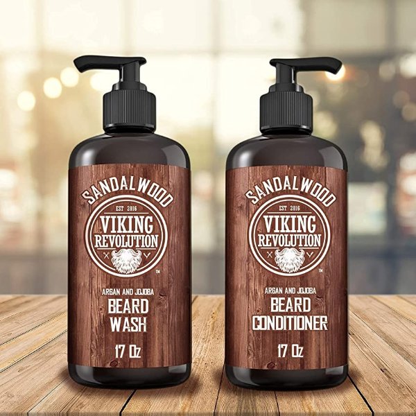 Beard Wash & Beard Conditioner Set w/Argan & Jojoba Oils - Softens & Strengthens - Natural Sandalwood Scent - Beard Shampoo w/Beard Oil (17 oz)