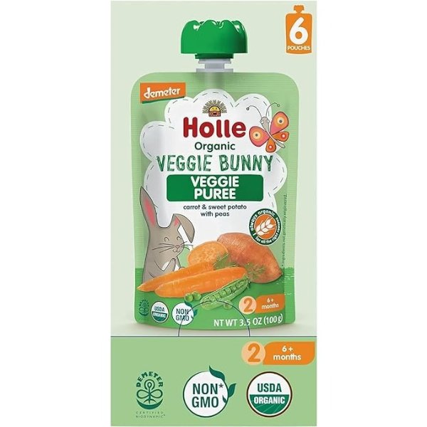 Organic Baby Food Pouches - Veggie Bunny Baby Puree with Carrots, Peas and Sweet Potato - (6 Pack) Organic Baby Snacks + Fruit and Veggie Pouches for Weaning Babies 6 Months and Older