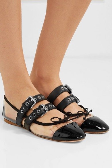 Buckled PVC and leather ballet flats