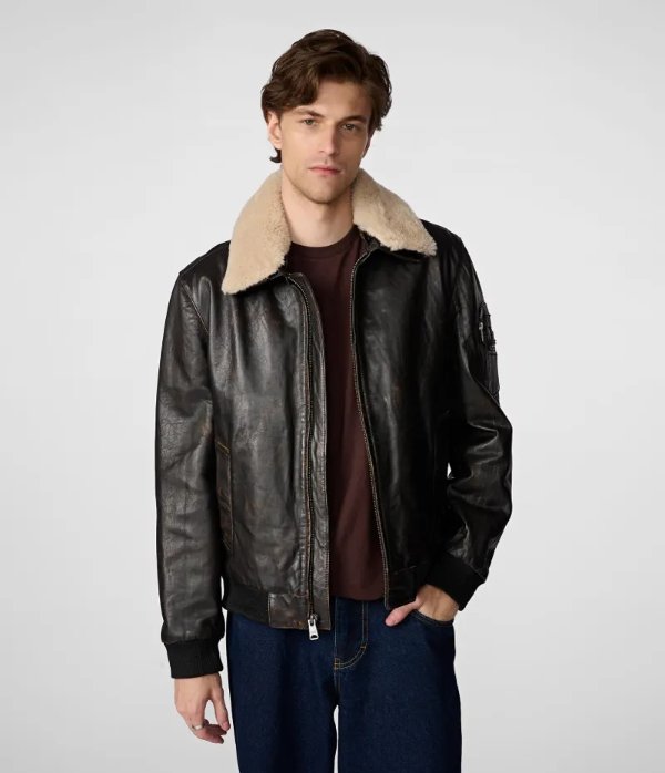 Jimmy Leather Aviator Bomber Jacket With Shearling Collar