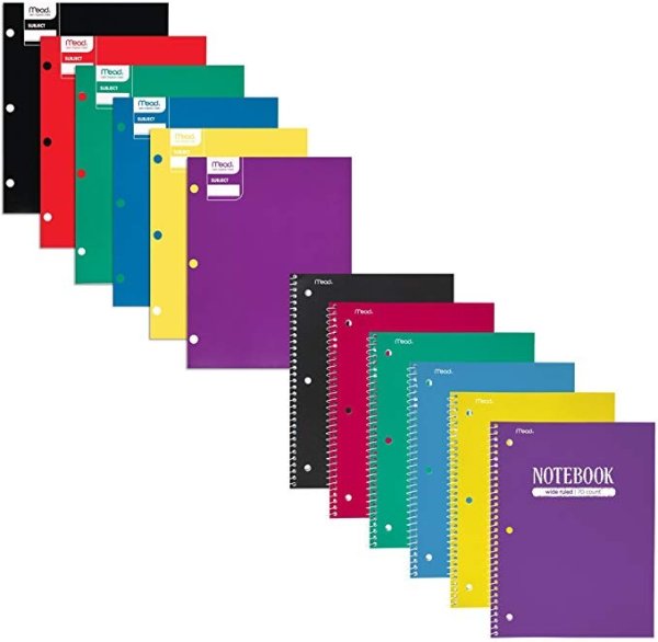 School Supplies 12 Pack: 6 Spiral Notebooks, 6 Pocket Folders, Purple, Green, Yellow, Red, Black, Blue, 12 Pack (38535)