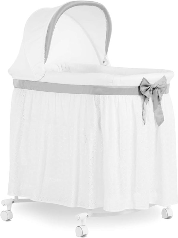 Montreal Portable 2-in-1 Convertible Baby Bassinet in Grey, Adjustable Canopy, Large Storage Area, Rocking Bedside Bassinet with Lockable Wheels.
