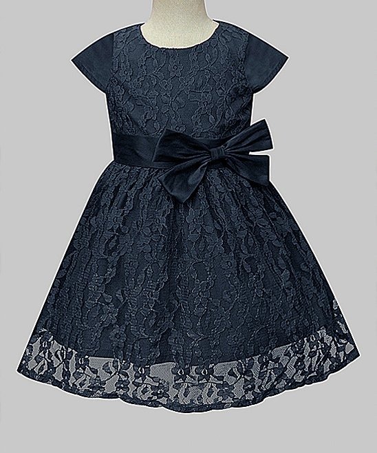 Navy Double Bow Lace-Overlay Cap-Sleeve A-Line Dress - Infant, Toddler & Girls