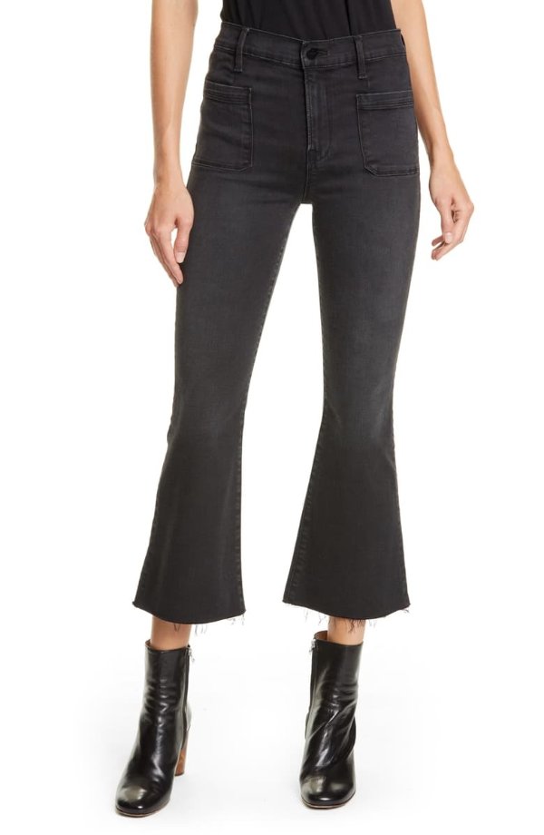 Le Bardot Patch Pocket High Waist Crop Flare Jeans