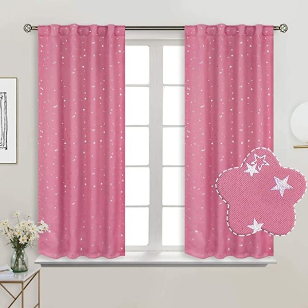 Rod Pocket and Back Tab Blackout Curtains for Kids Bedroom 38 x 45 Inch, 2 Panels, Pink