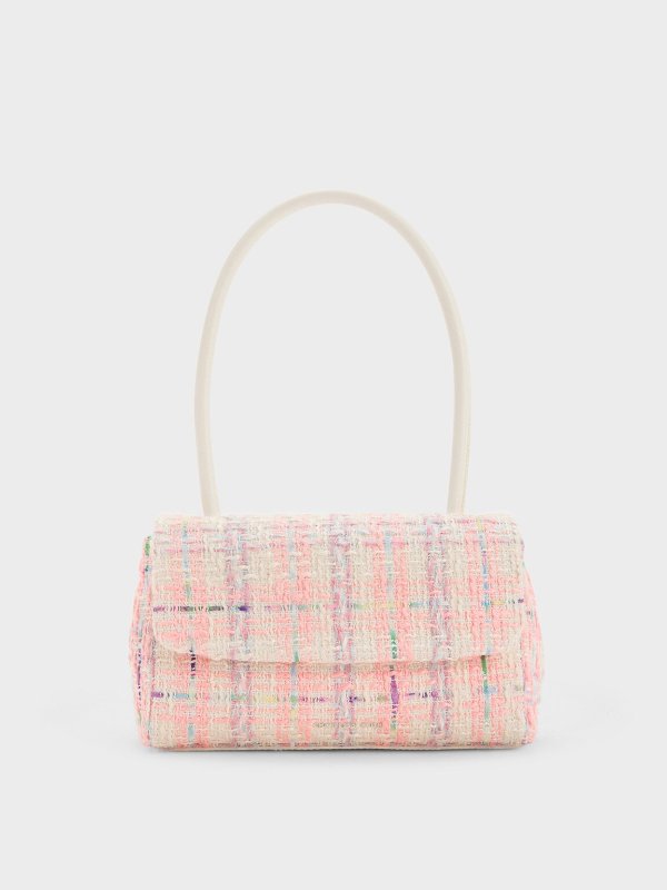 Multicoloured Curved Handle Tweed Shoulder Bag | CHARLES & KEITH