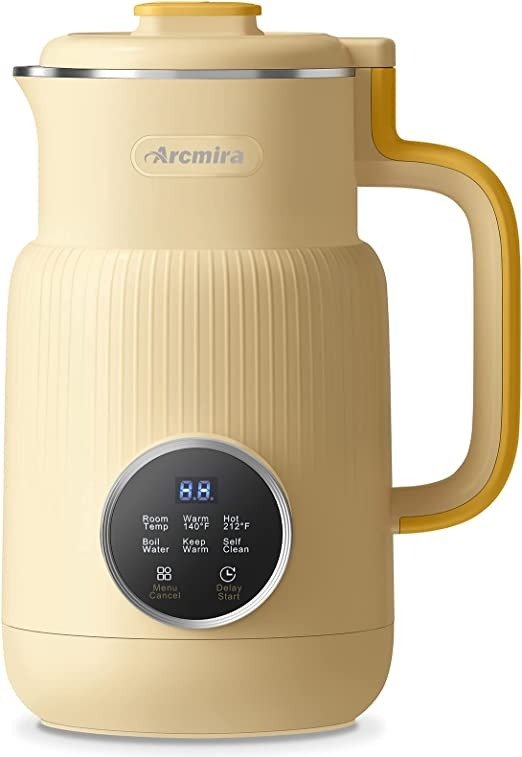 Automatic Nut Milk Maker, 20 oz Homemade Almond, Oat, Soy, Plant-Based Milk and Dairy Free Beverages, Almond Milk Maker with Delay Start/Keep Warm/Boil Water, Soy Milk Maker with Nut Milk Bag,Yellow
