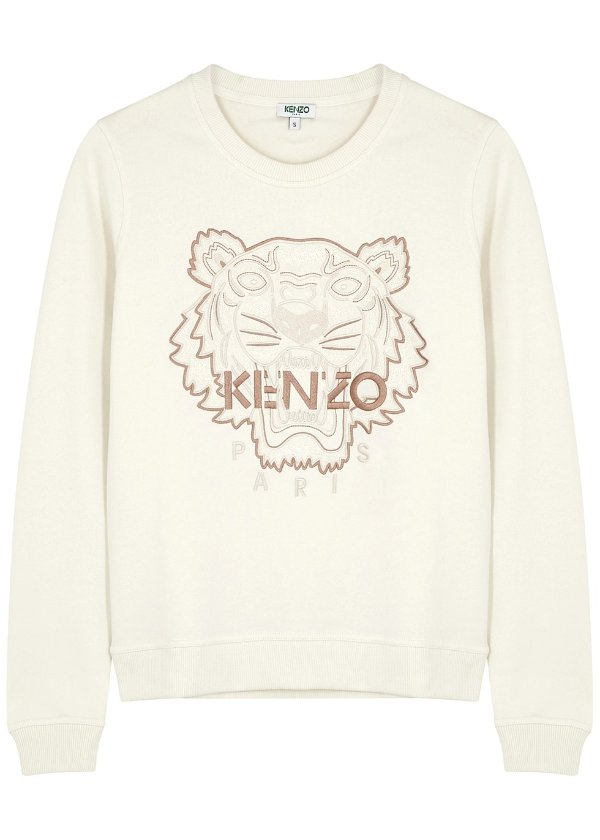 Ecru tiger-embroidered cotton sweatshirt