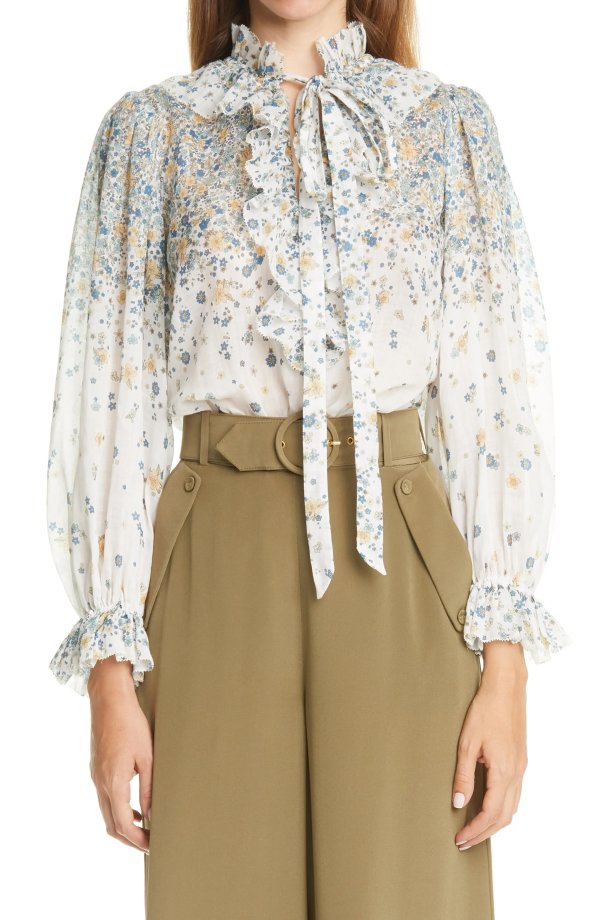 Carnaby Waterfall Floral Ruffle Tie Neck Blouse