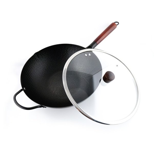 无涂层锤纹铁锅家用炒锅 含有玻璃锅盖