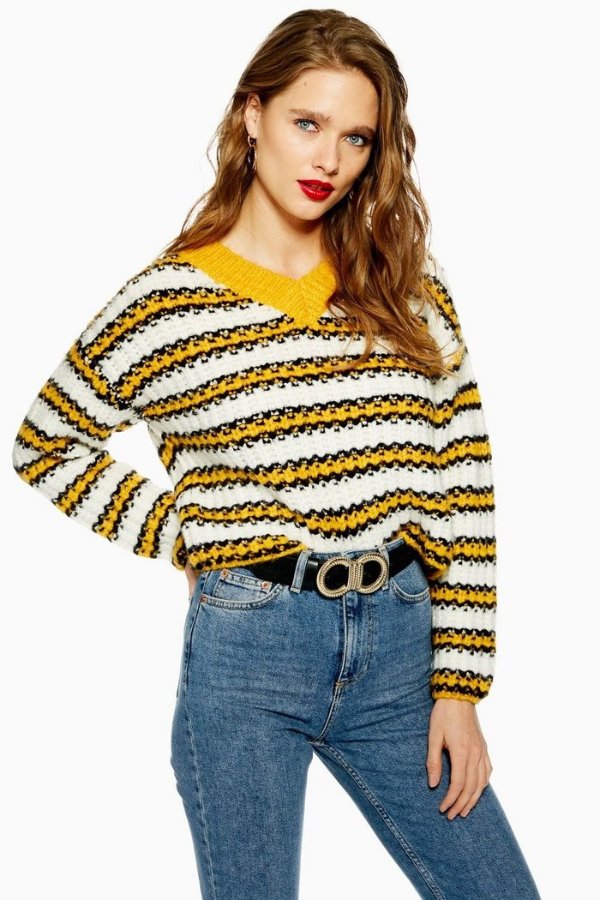 Knitted Stripe Crop V-Neck Sweater