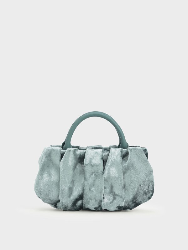 Sage Green Claudette Ruched Velvet Top Handle Bag | CHARLES &amp; KEITH