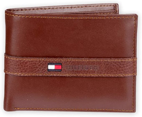 Hilfiger Men's Leather Wallet – Slim Bifold with 6 Credit Card Pockets and Removable Id Window, Cognac, One Size