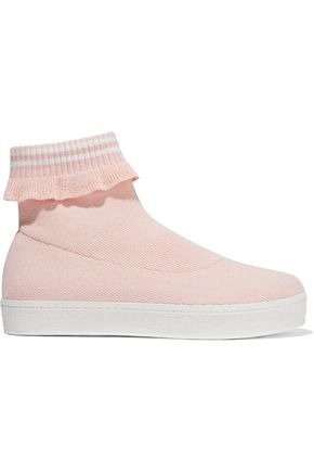 Ruffle-trimmed stretch-knit platform high-top sneakers