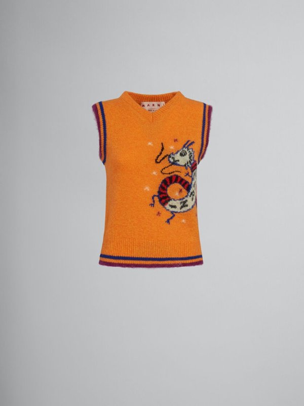 Orange wool-cashmere sleeveless jumper with jacquard dragon