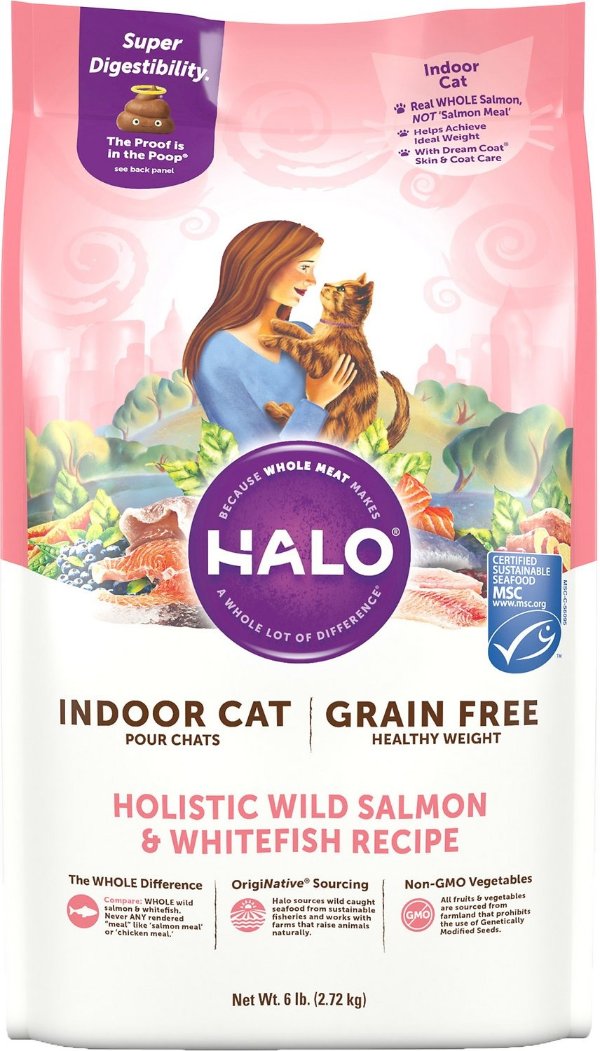 HALO Holistic Wild Salmon & Whitefish Recipe Grain-Free Healthy Weight Indoor Cat Dry Cat Food, 6-lb bag - Chewy.com