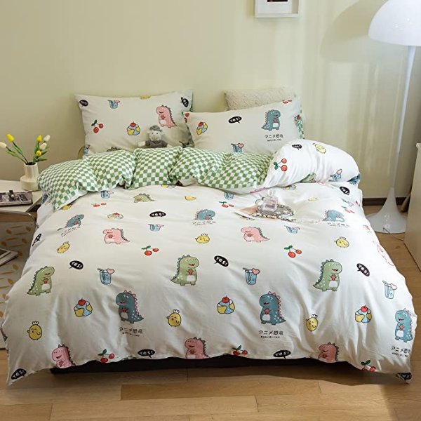 Pure Cotton Animal Bedding Set Twin Size Dinosaur Comforter Cover Set for Boys and Men, Little Cute Dinosaur Duvet Cover 3Pcs, no Comforter