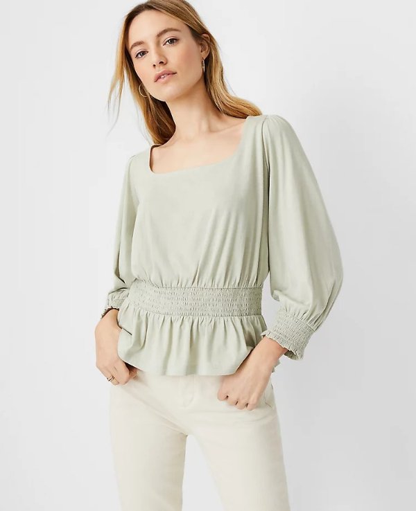 Smocked Square Neck Puff Sleeve Top | Ann Taylor