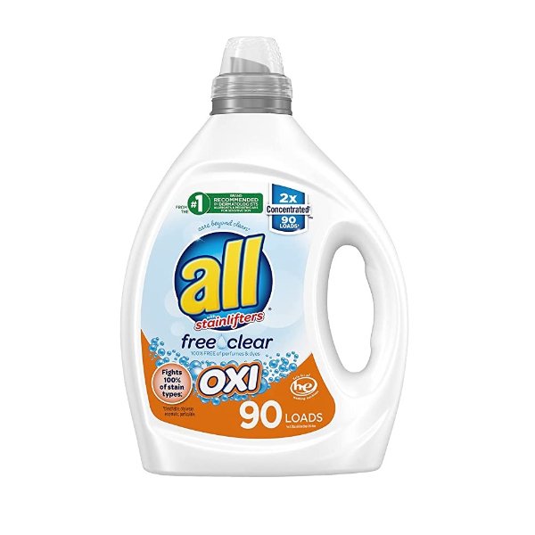 Liquid Laundry Detergent, Free Clear for Sensitive Skin with OXI, Unscented and Hypoergenic, 2X Concentrated, 90 Loads
