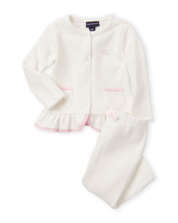 (Newborn/Infant Girls) Two-Piece Quilted Lace-Trimmed Top & Pants Set