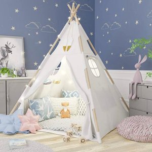 TazzToys Kids Teepee Tent for Kids with Ferry Lights + Feathers + Waterproof Base