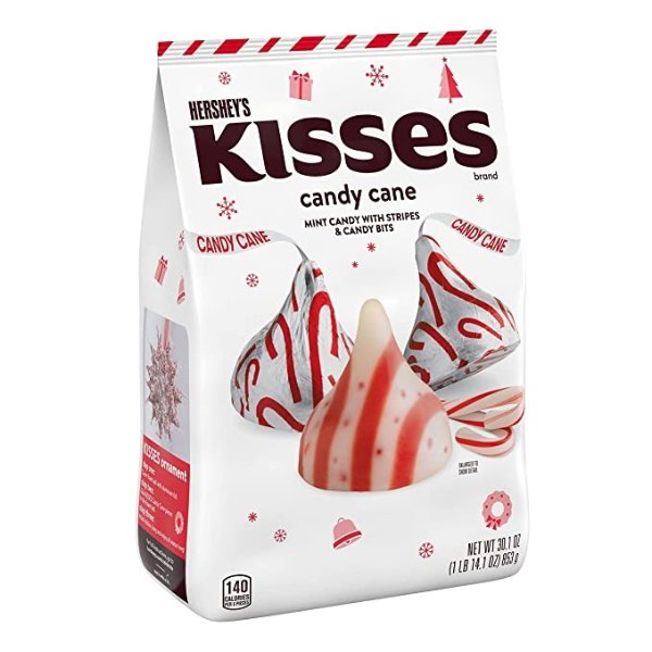 , KISSES, Candy Cane, Mint, Candy with Candy Bits, Christmas, 30.1 oz, Bulk Bag
