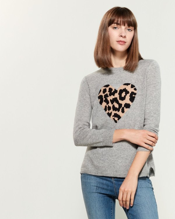 Long Sleeve Leopard Heart Cashmere Sweater
