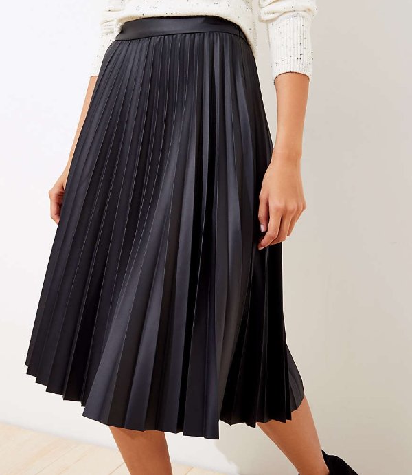 Pleated Faux Leather Midi Skirt | LOFT