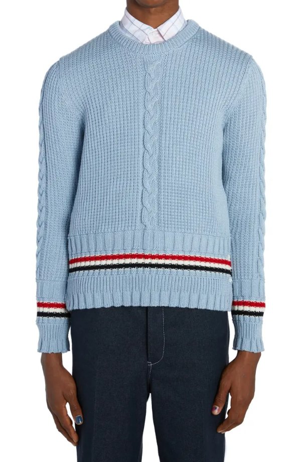 Stripe Trim Cable Knit Crewneck Wool Sweater