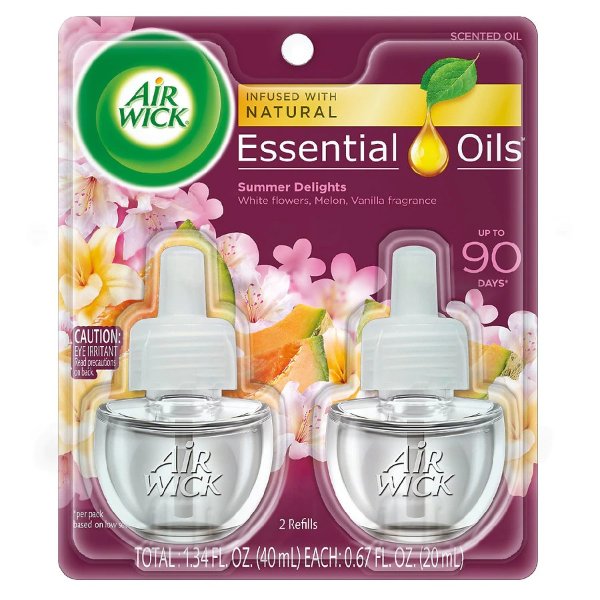 Plug In Scented Oil with Essential Oils, Air Freshener Summer Delights (White Flowers/Melon/Vanilla), Twin Refill