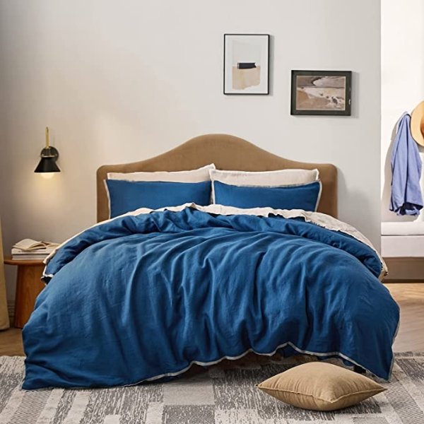 Organic Linen Duvet Cover Queen Size - 100% French Linen 3 Piece Flax Bedding Set Comforter Duvet Covers for Hot Sleepers, Soft Cooling Breathable, 1 Duvet Cover and 2 Pillowcases, Navy Blue