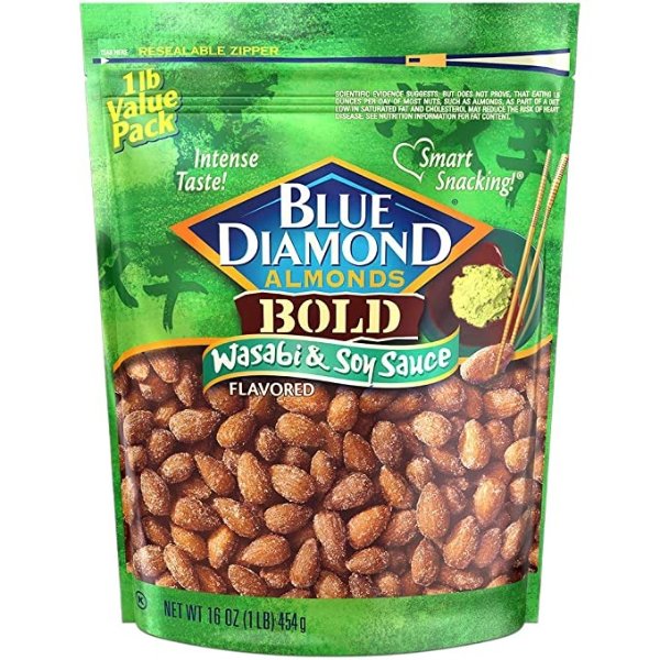 Diamond Almonds Wasabi & Soy Sauce Flavored Snack Nuts, 16 Oz Resealable Bag (Pack of 1)