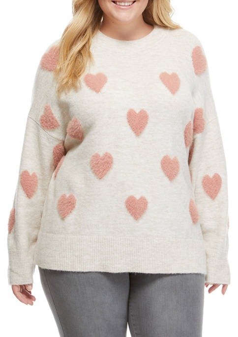 Plus Size Drop Shoulder Allover Fuzzy Heart Sweater