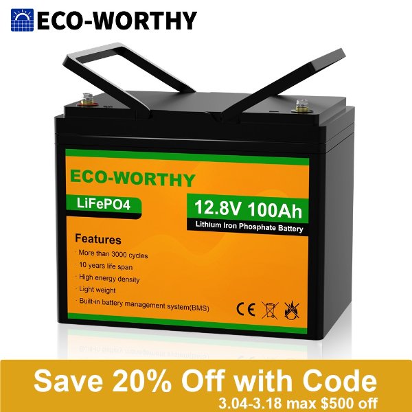 ECO-WORTHY 12V 100AH LiFePO4 Lithium Battery BMS 4000+ cycles For RV Solar Panel