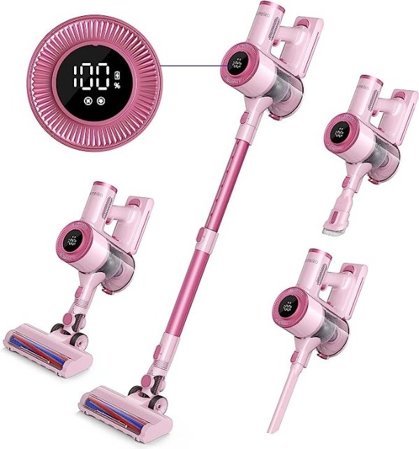 Homeika Cordless Stick Vacuum Cleaner, 20Kpa Powerful Suction Vacuum Cleaner with LED Display, 30 Min Runtime Detachable Battery, 1.5L Dust Cup, for Carpet and Hard Floor Pet Hair (Pink)