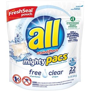 all Mighty Pacs Laundry Detergent, Free Clear for Sensitive Skin, Unscented, Pouch, 22 Count