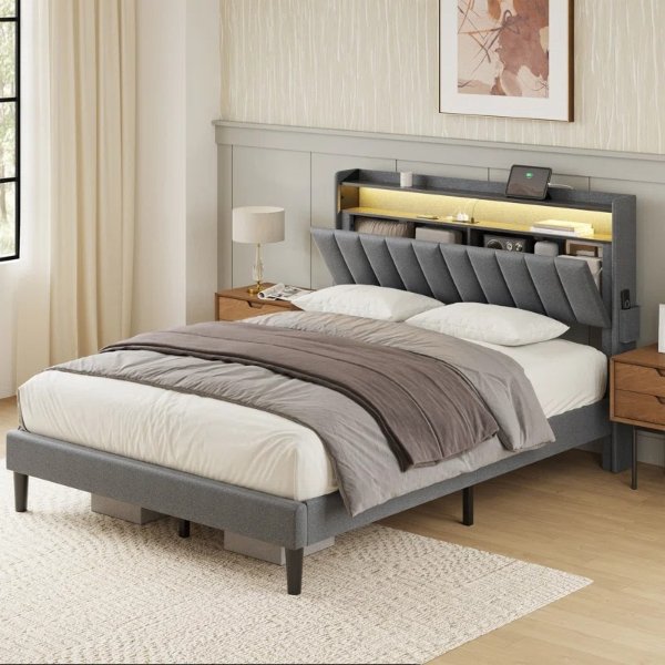 Neavins Bed Frame with Storage Headboard & LED Light, Upholstered Bed Frame with Outlet & USB Ports
