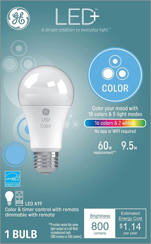 LED+ Color Changing Light Bulb with Remote Control, A19, 60-Watt Replacement, Full Color, Colored Light Bulb with 10 Color Options