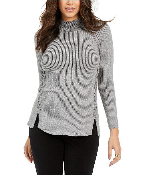 Mock Neck Lace-Up Ribbed Knit Sweater, Created For Macy's